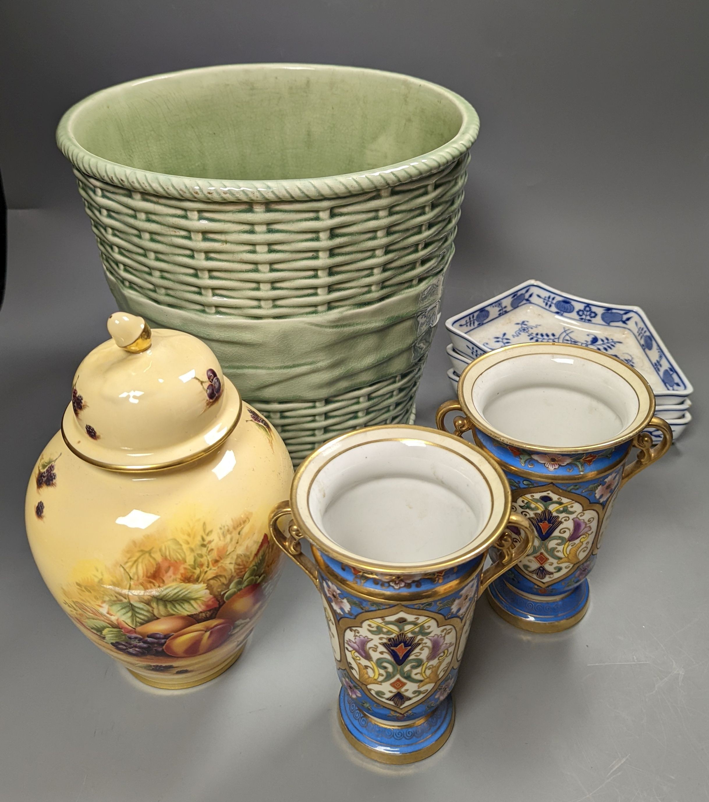 A collection of mixed porcelain including A pair of Bloor Derby scent bottles and stoppers, a Samson style bowl, 31cm, a Wedgwood teapot, Noritake vases etc